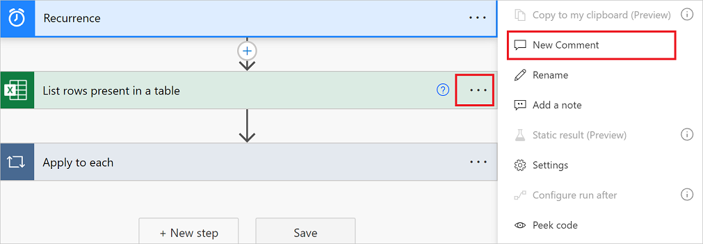 New Comment option Screenshot of the menu that contains the New Comment option.