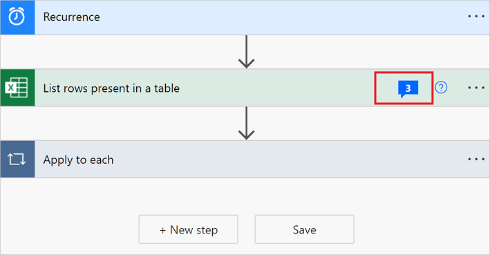 Number of comments in an action Screenshot of the number of comments in an action.
