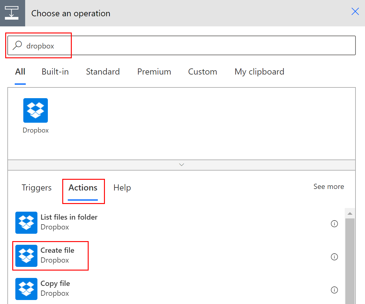 Create a Dropbox file Screenshot of creating a Dropbox file.