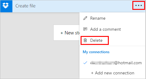 Delete an action Screenshot of deleting an action from the menu.