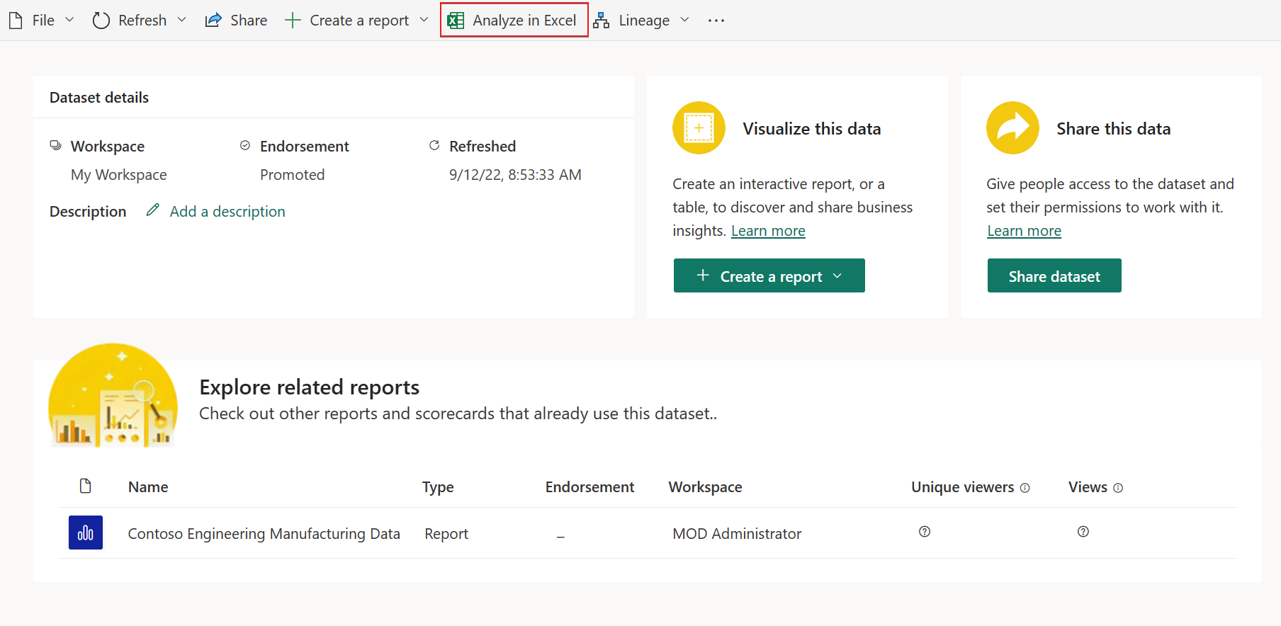 Screenshot showing Analyze on Excel in the Semantic model details page.