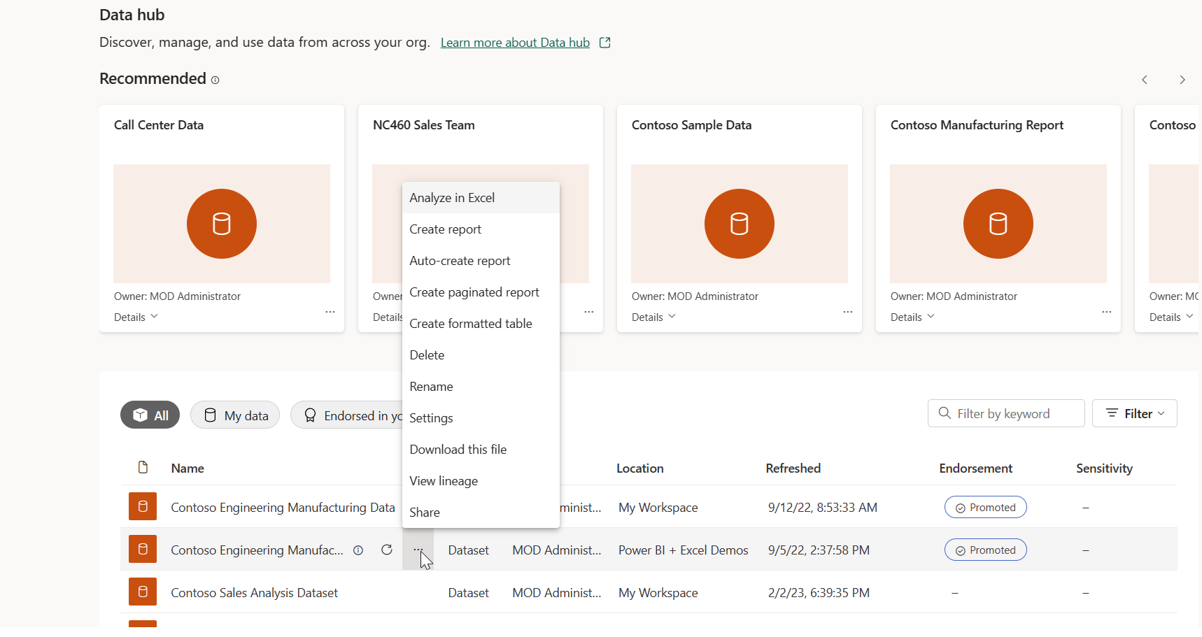 Screenshot showing selecting More options, then Analyze in Excel.