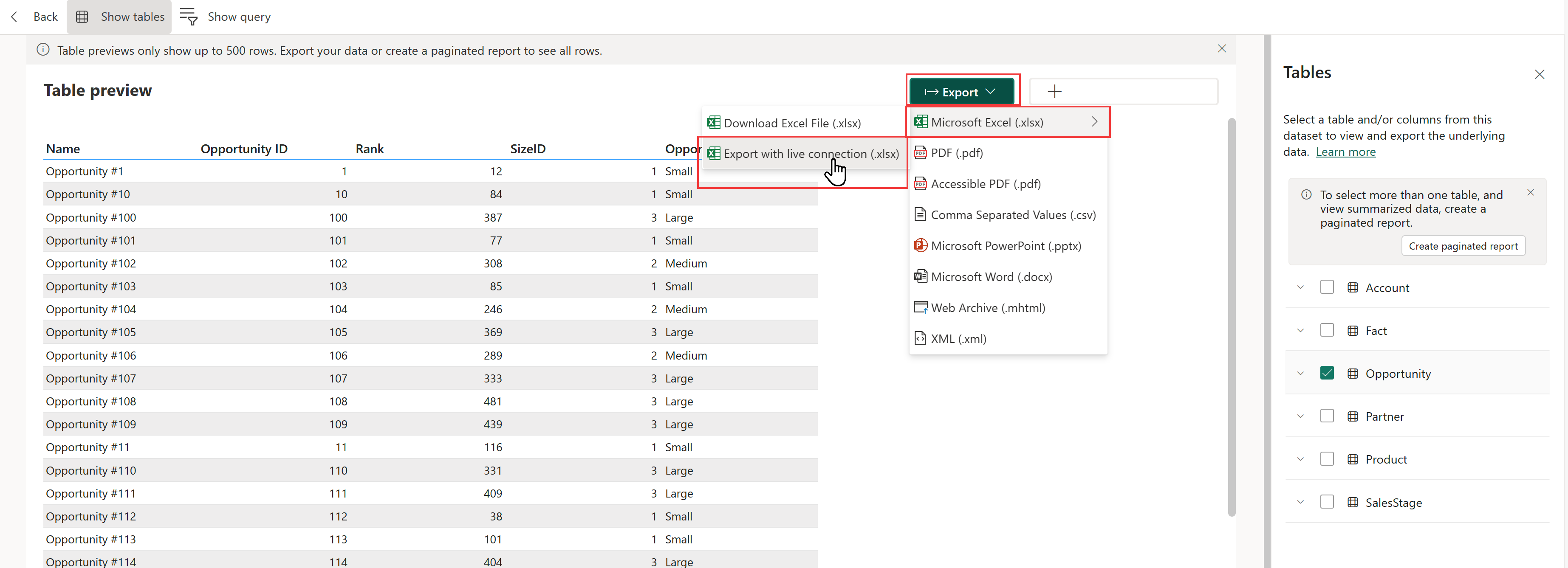 Screenshot showing the Export with live connection (.xlsx) option for the Table preview in OneLake Data hub.