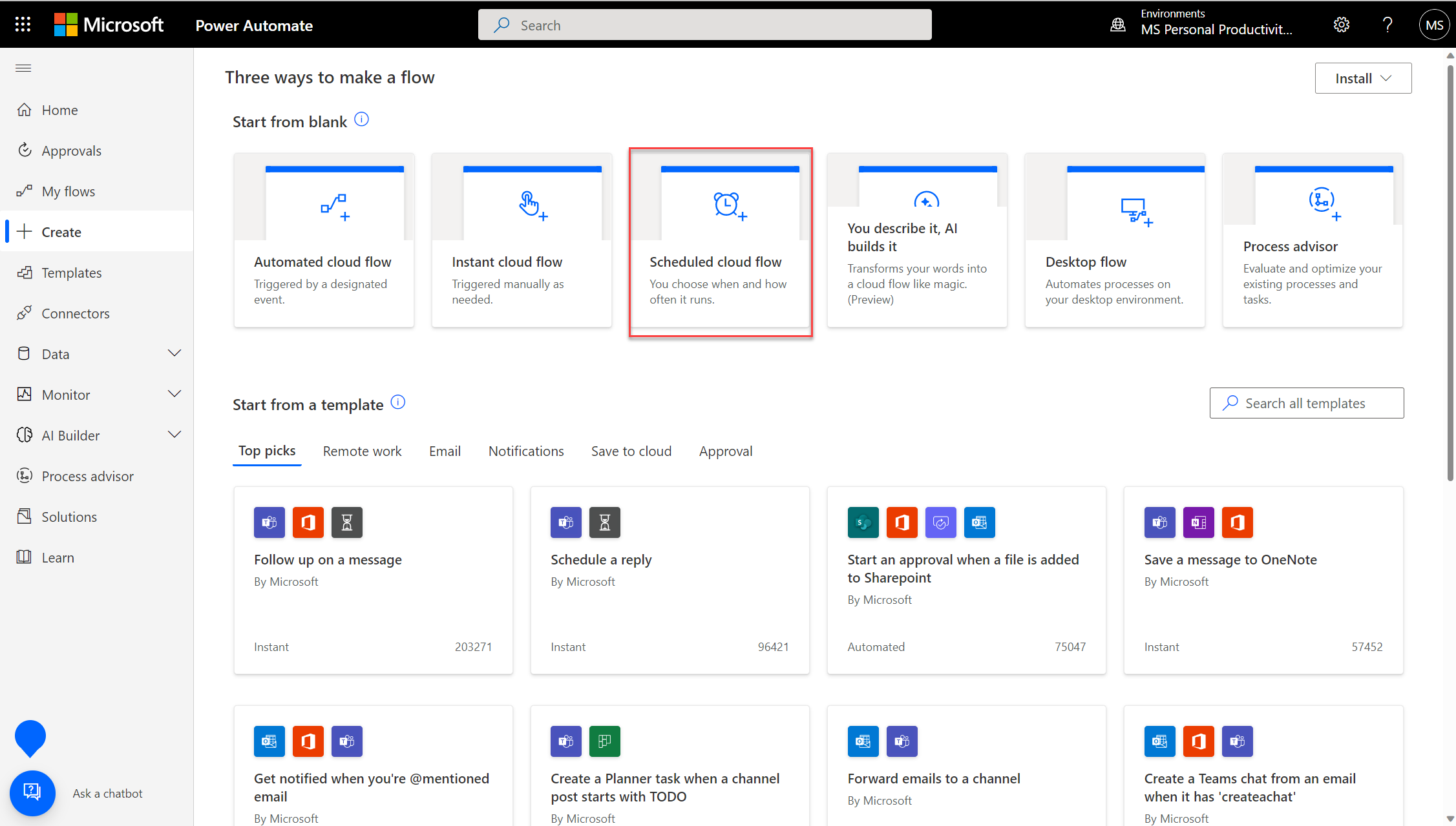 Screenshot showing the Power BI create window and scheduled cloud flow is highlighted.