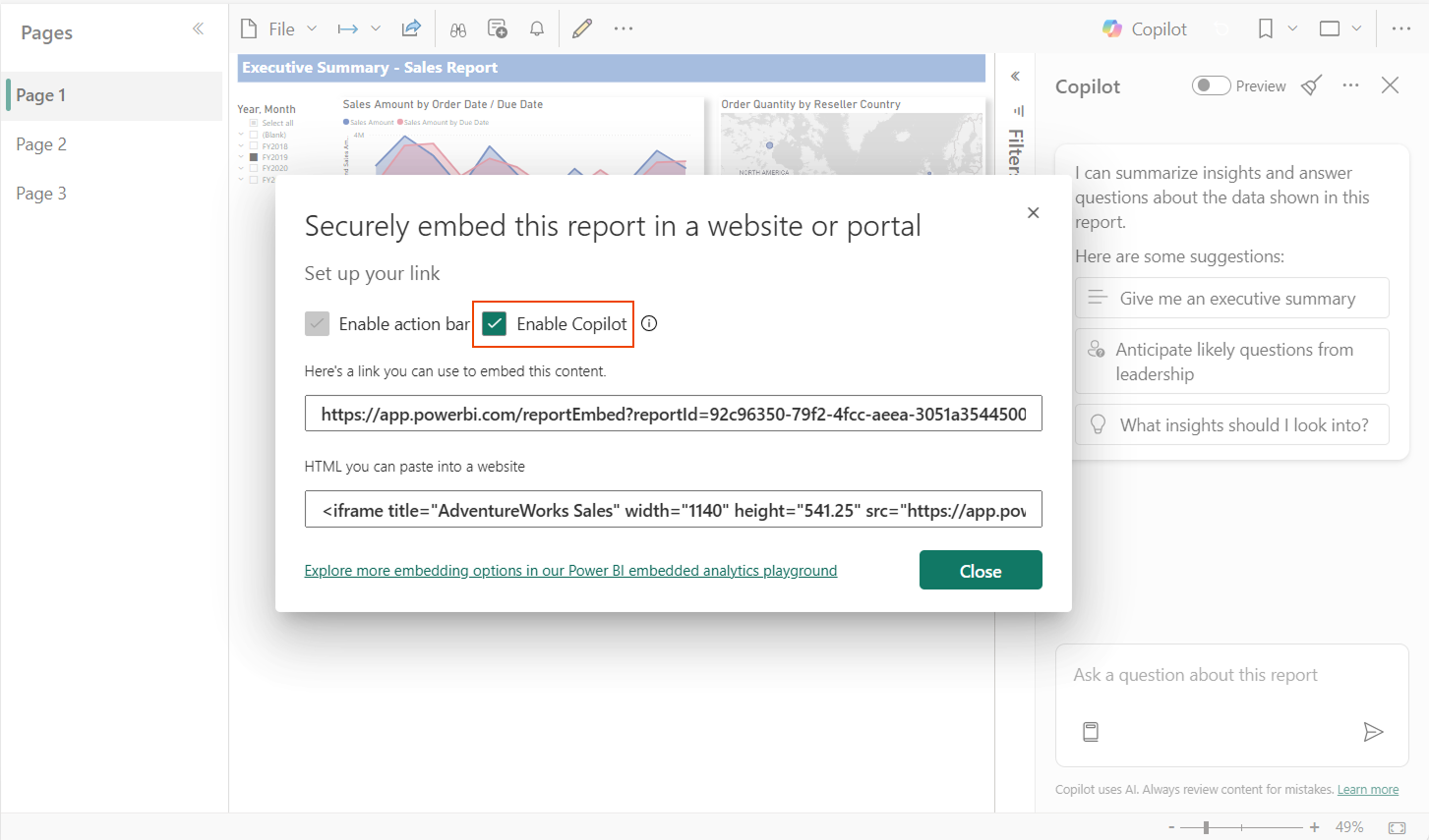 Screenshot of Embed dialog with Enable Copilot option checked.