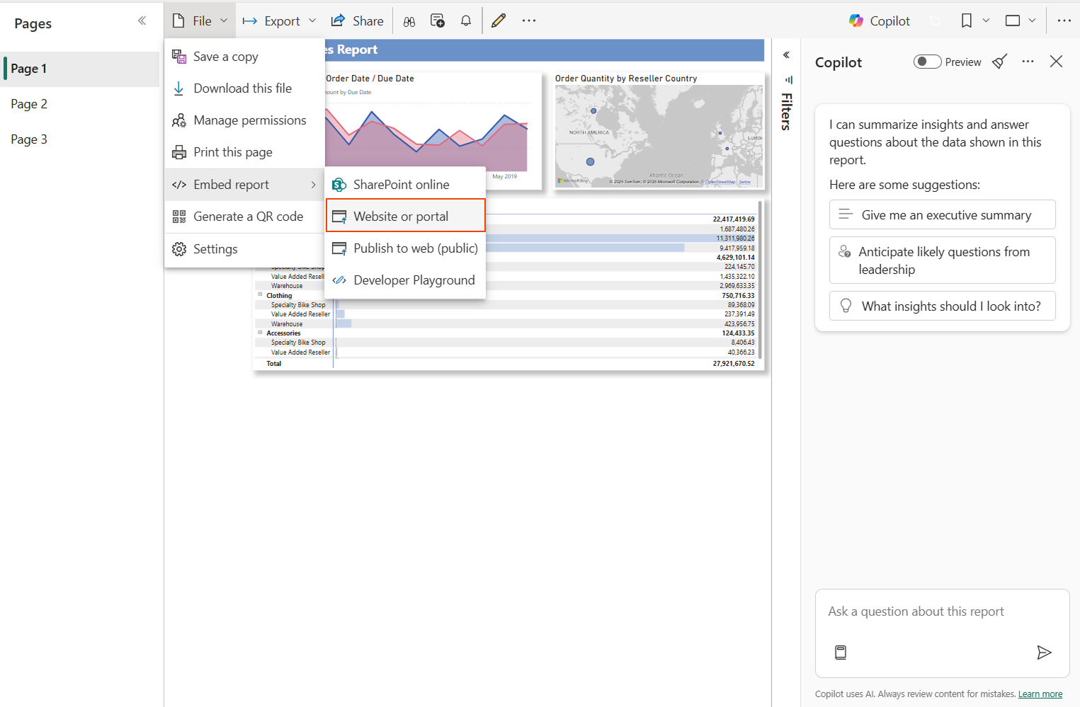 Screenshot of selection of Embed Report menu and selection of Website or portal menu option.