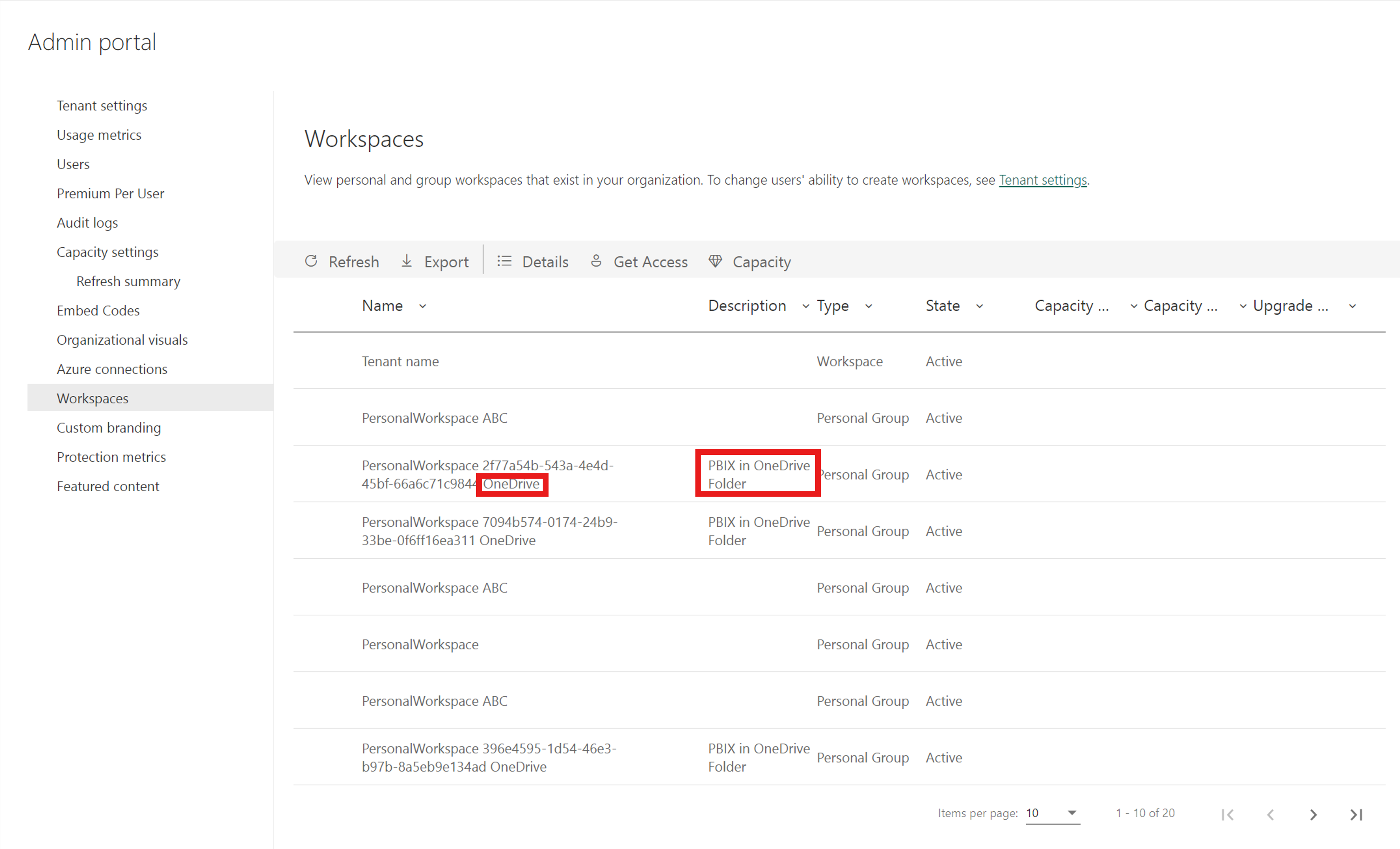 Screenshot of Power BI admin workspace creation naming.