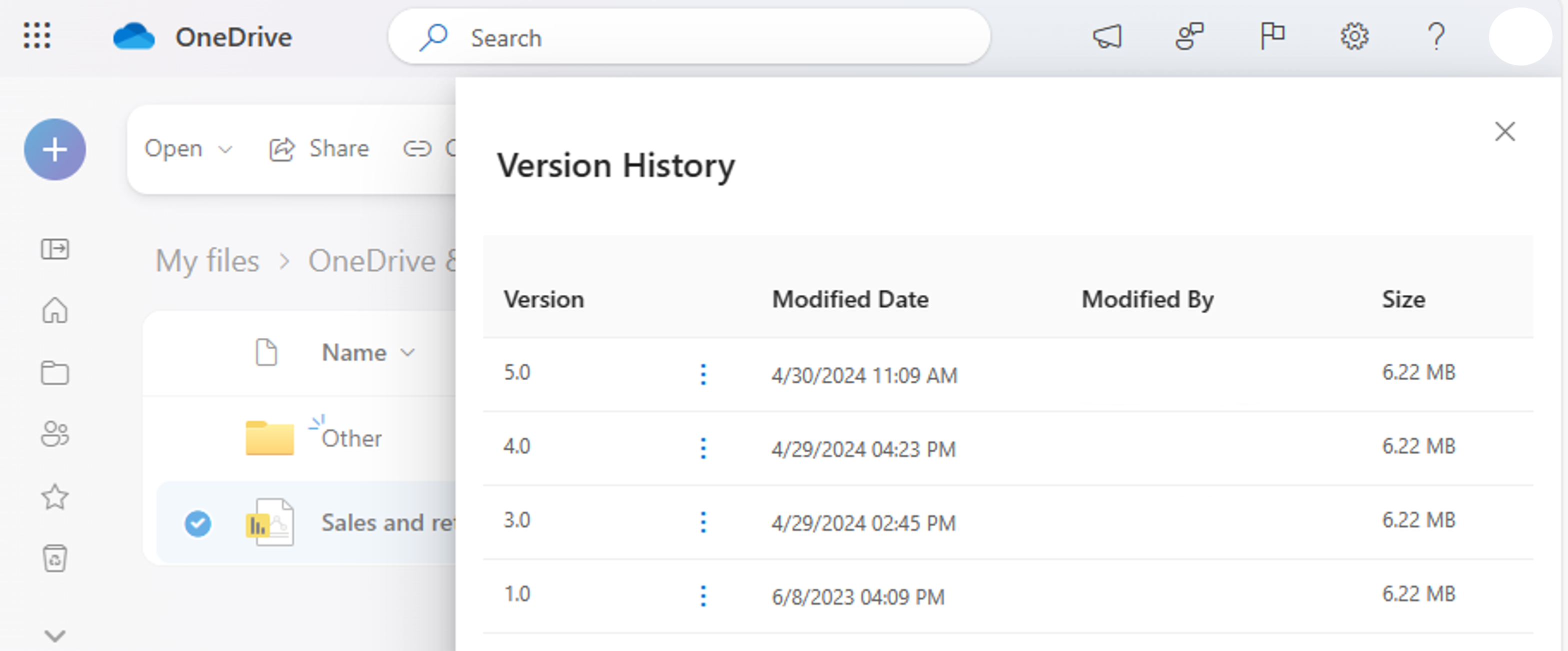 Screenshot of version history.