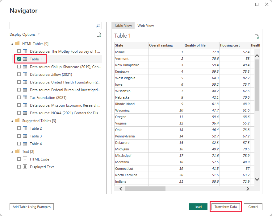 Preview of data in Navigator