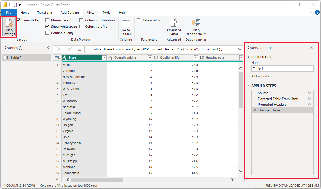 Power Query Editor with Query Settings