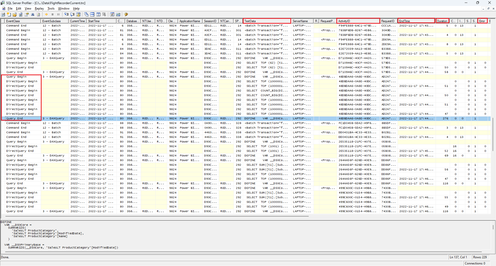 Screenshot of Profiler events grouped by ActivityID showing DAX query and DirectQuery SQL begin and end events.