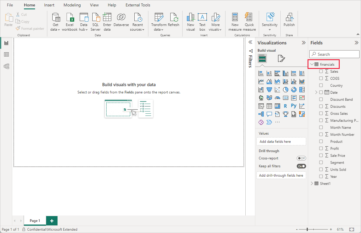 Screenshot shows Power BI Desktop with data loaded and the Financials field expanded.