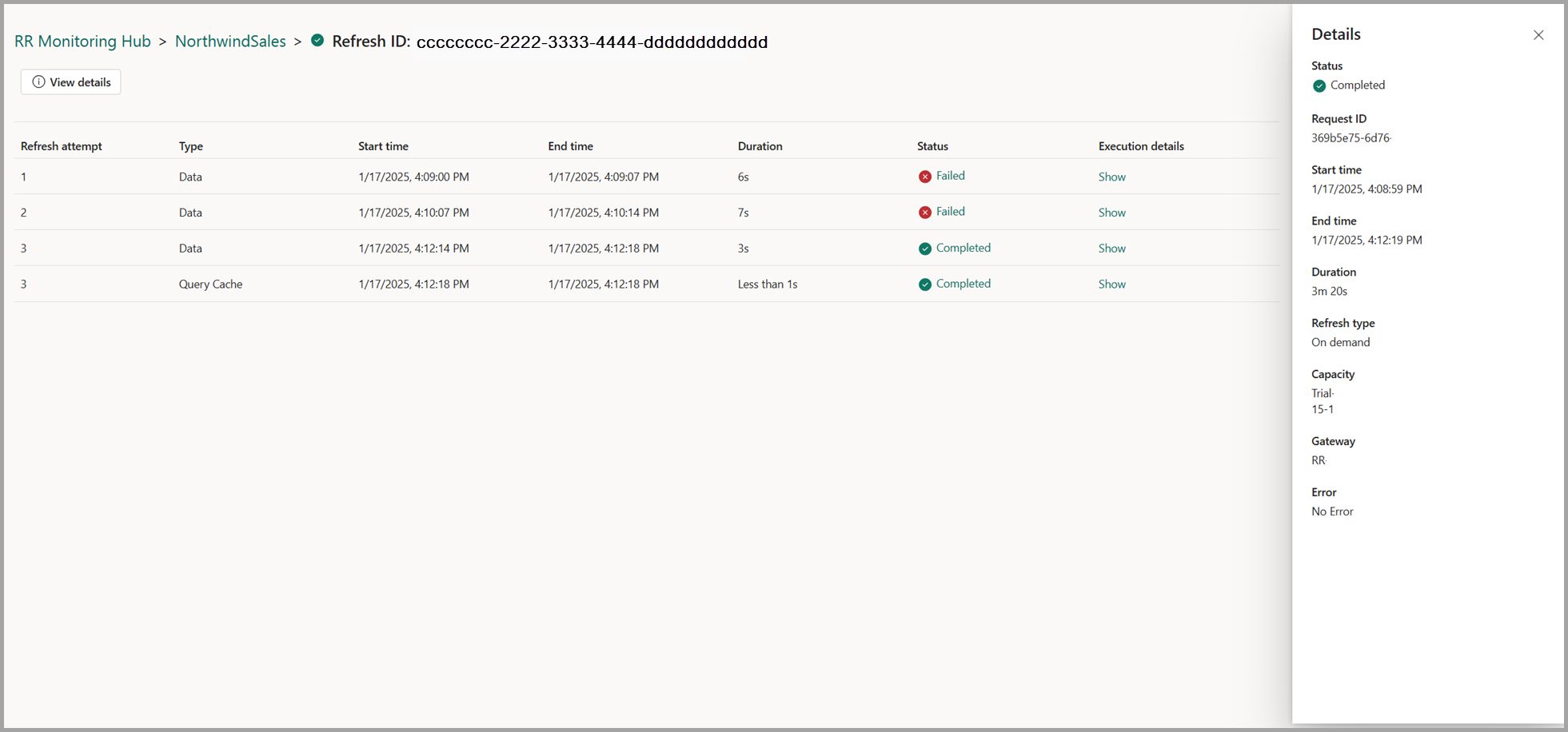 Screenshot of refresh details for refresh activity.