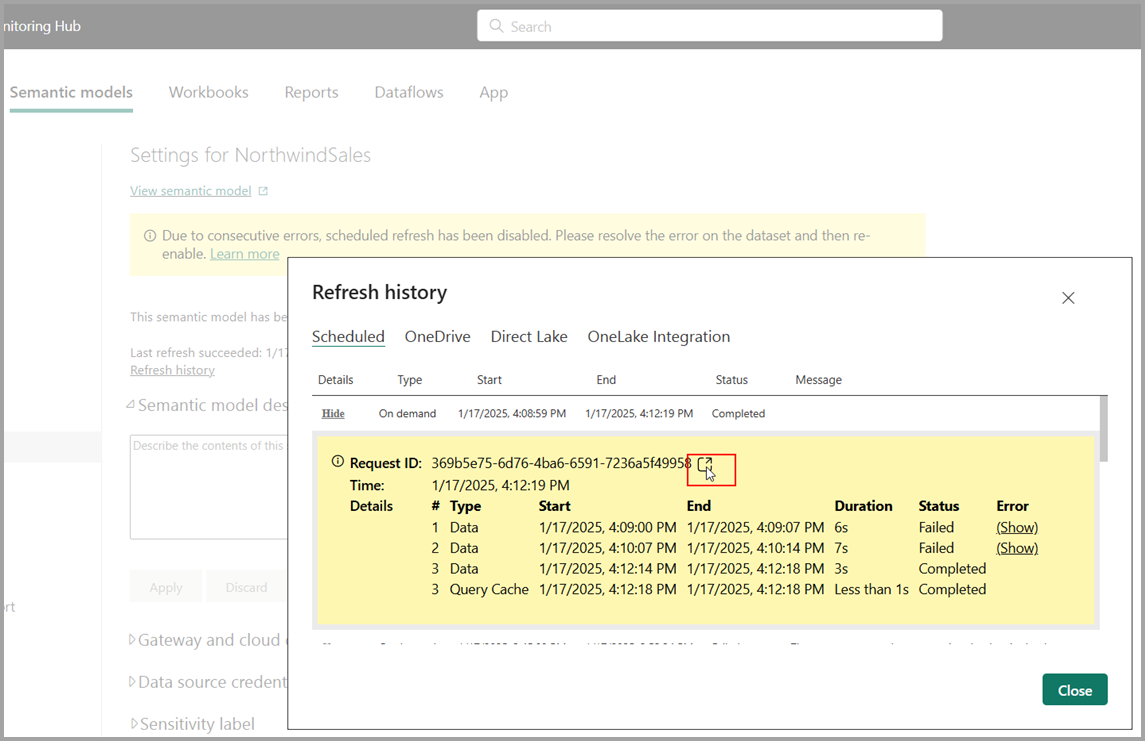 Screenshot of where to find refresh details from semantic model refresh settings window.