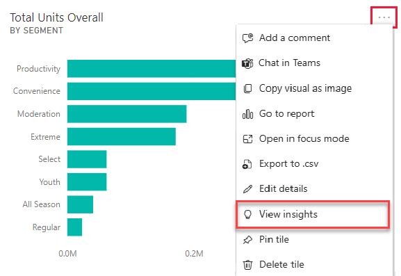 Screenshot of a tile showing selection of ellipsis highlighted and displaying a dropdown menu with View insights highlighted.