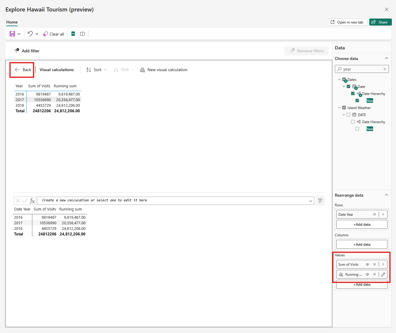 Screenshot showing the visual calculations edit mode, the back button is selected.