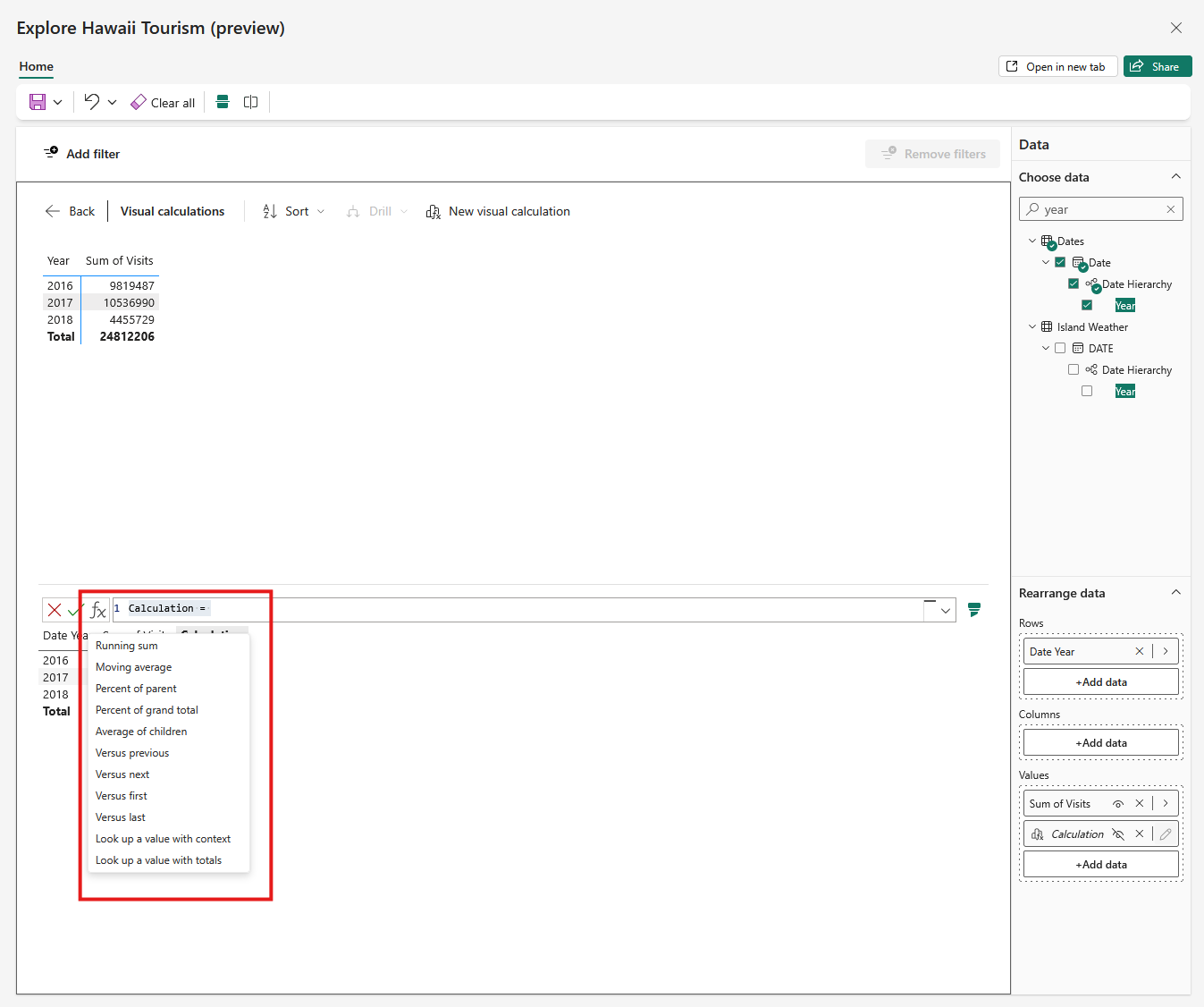 Screenshot showing the visual calculations edit mode. The templates menu is opened.