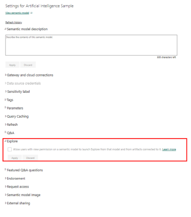 Screenshot showing how admins can limit to people with build permissions in the Explorations section.