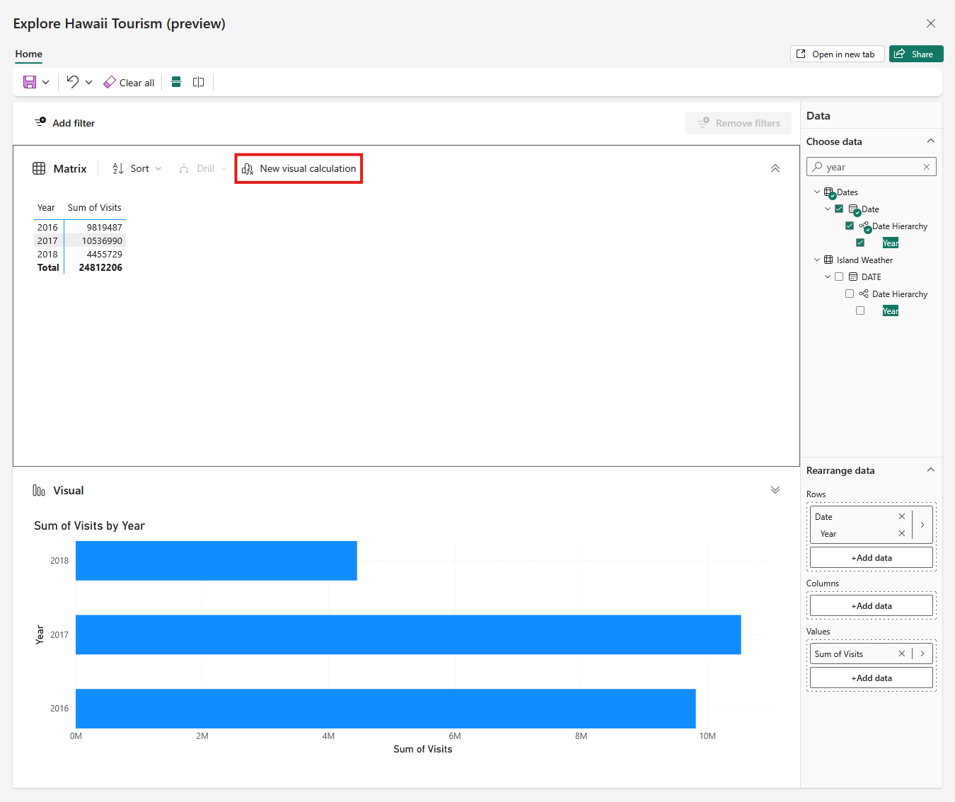 Screenshot showing the New visual calculation button.
