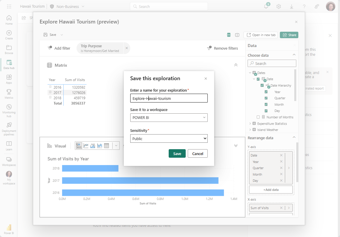 Screenshot showing naming the Exploration and adding it to a workspace.