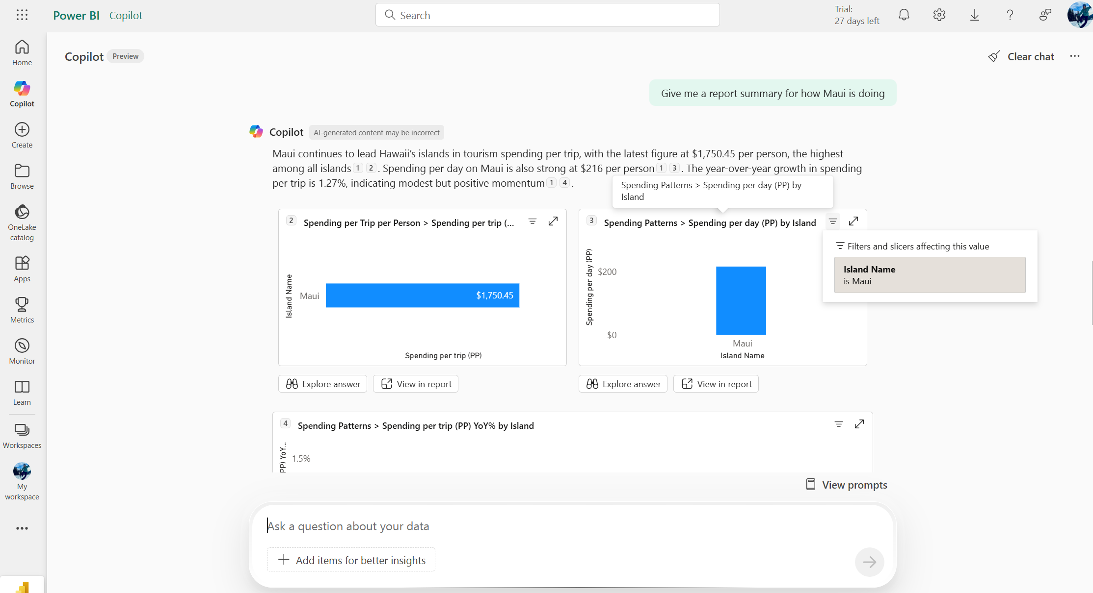 Screenshot of a filtered summary and hover icon in standalone experience.