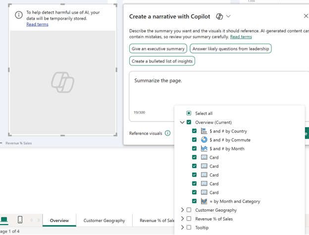Screenshot showing selecting content for the narrative.