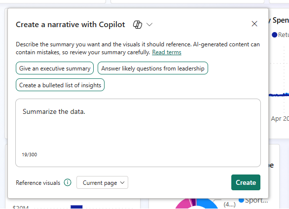 Screenshot showing select an option in the Create a narrative with Copilot dialog.