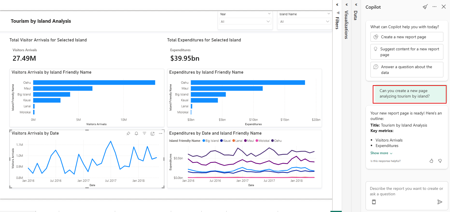 Screenshot showing Copilot pane and generated report page.