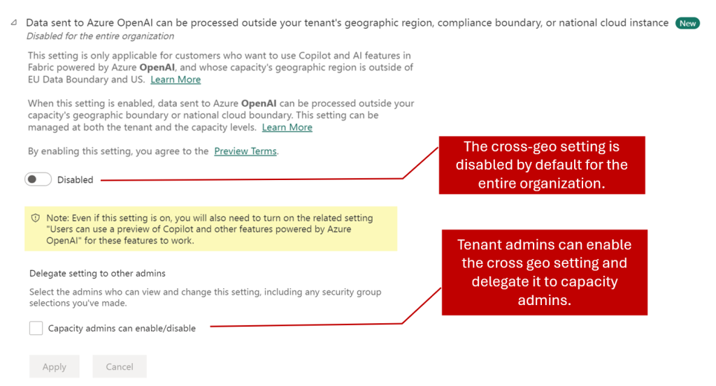 Screenshot of the Copilot setting in the Fabric admin portal that lets admins set cross-geo and delegated cross-geo.
