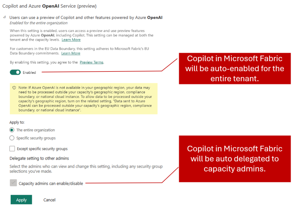 Screenshot of the Copilot setting in the Fabric admin portal that asks admins to enable delegation to capacity admins.