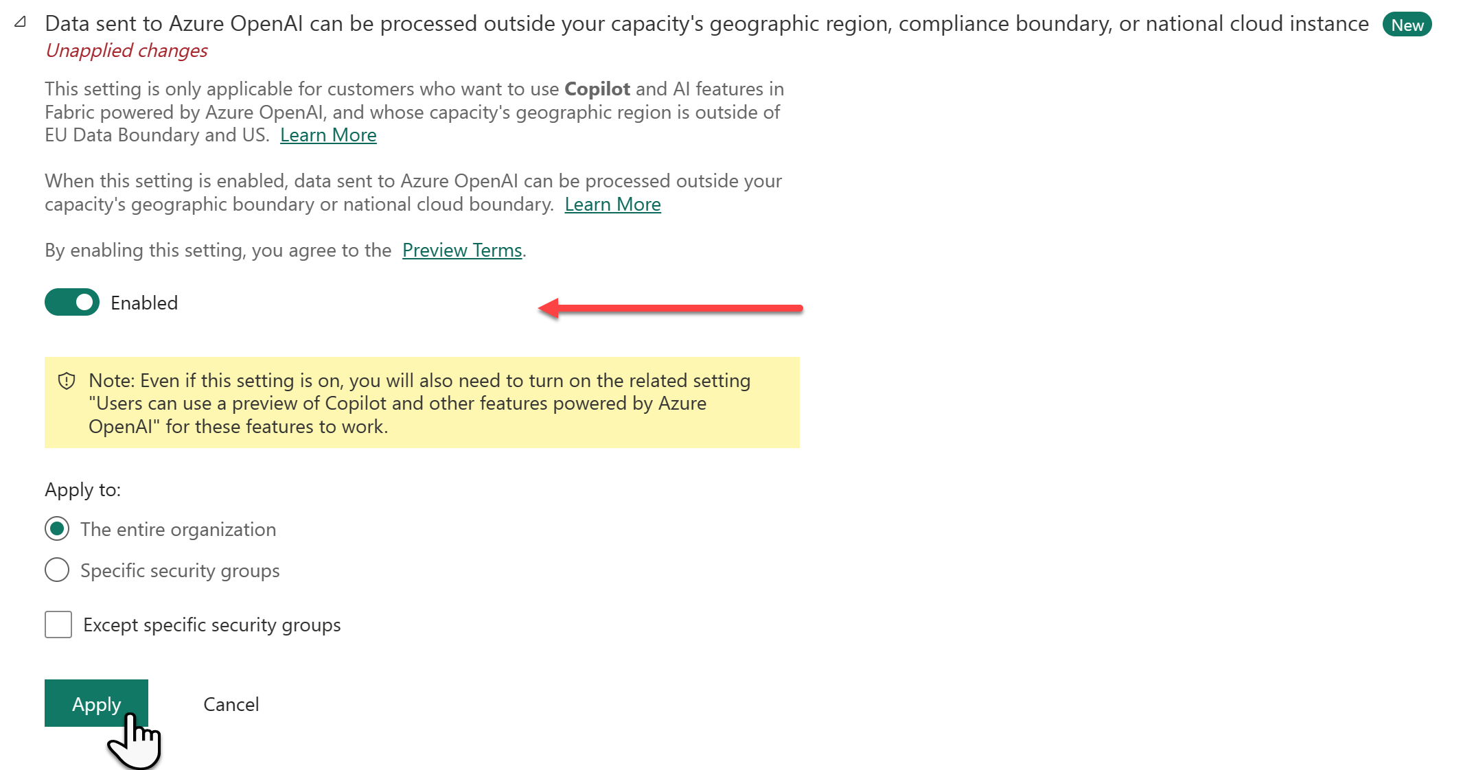 Screenshot of the Copilot setting in the Fabric admin portal that asks admins to enable if OpenAI isn't available in the capacity's home region.