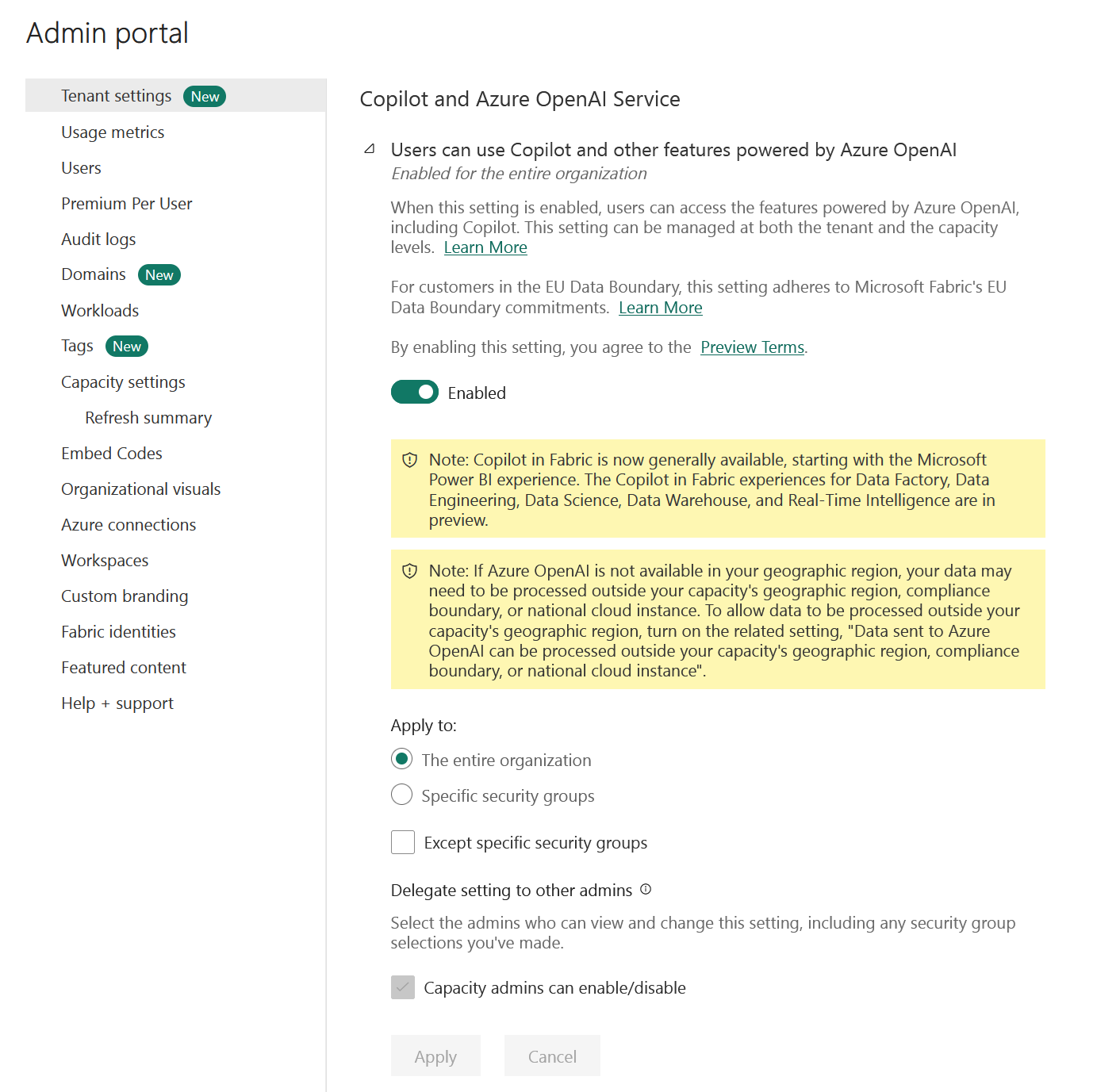 Screenshot of Copilot settings in the Fabric Admin portal.