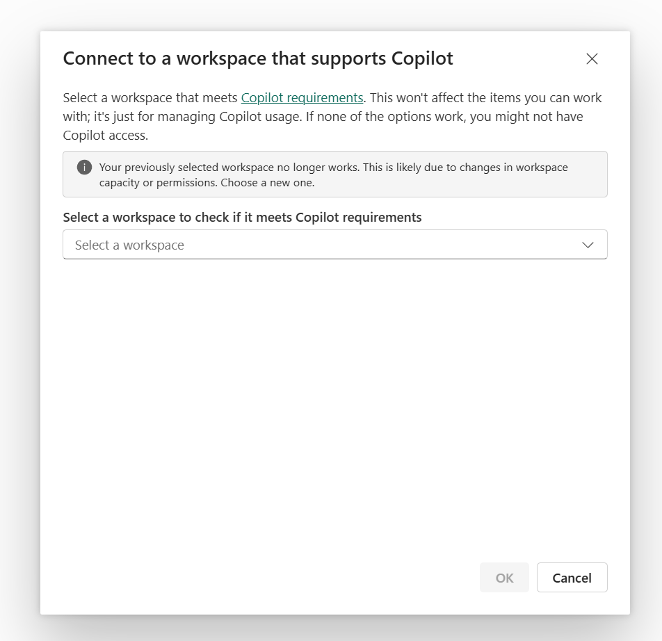 Screenshot of the workspace picker for enabling Copilot in Power BI.
