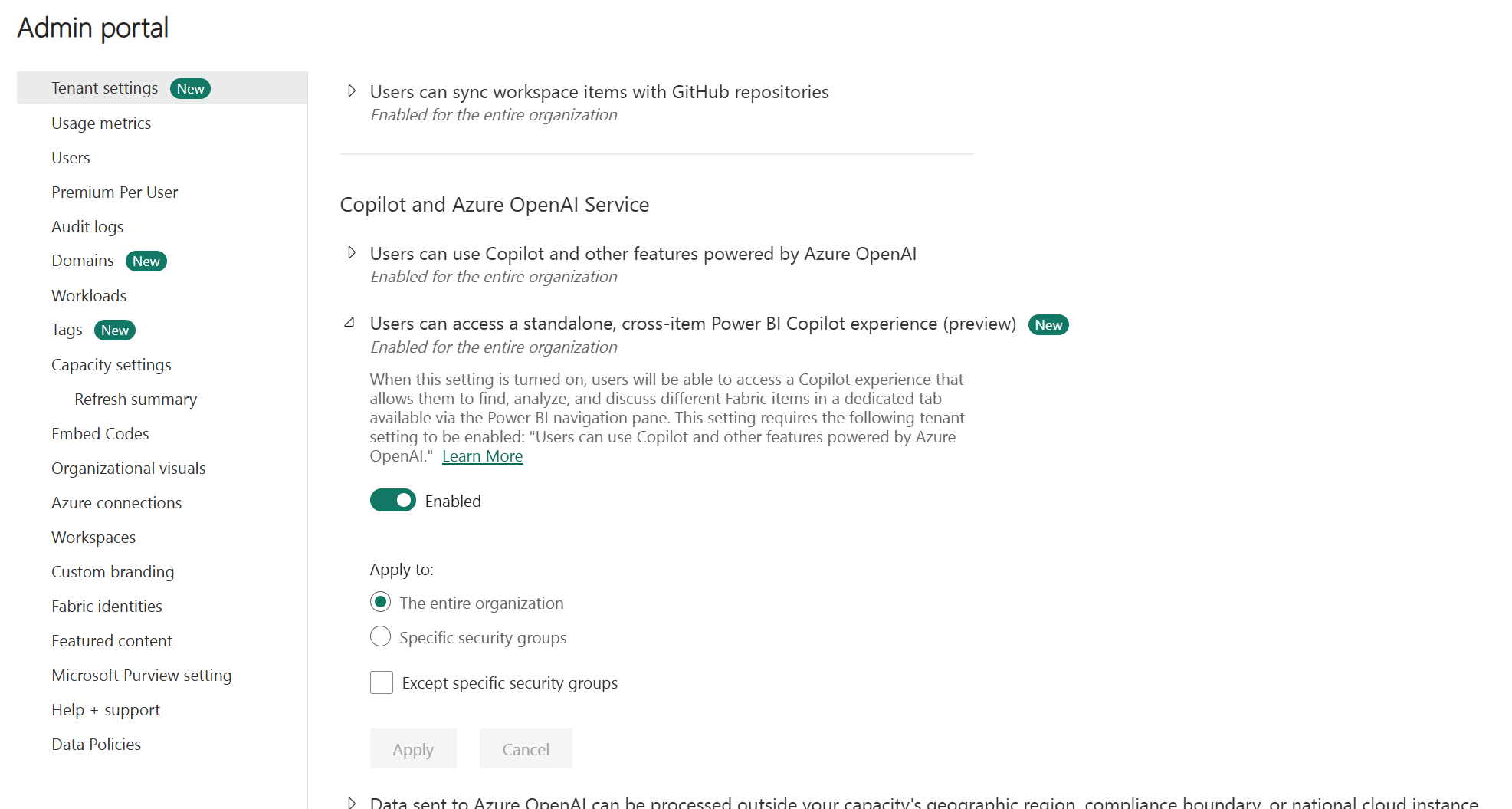 Screenshot of the standalone Copilot admin screen with options enabled.