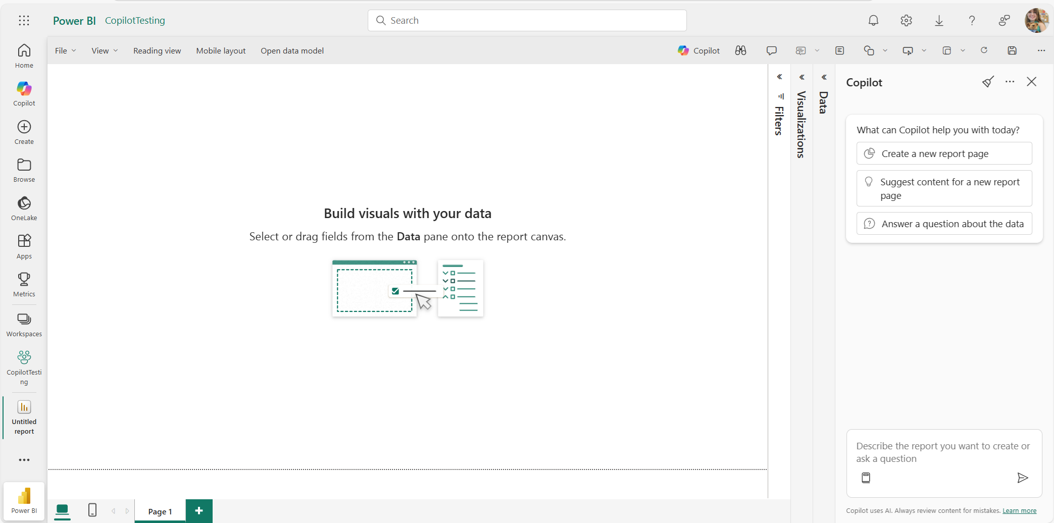 Screenshot of Copilot building a report in Power BI.