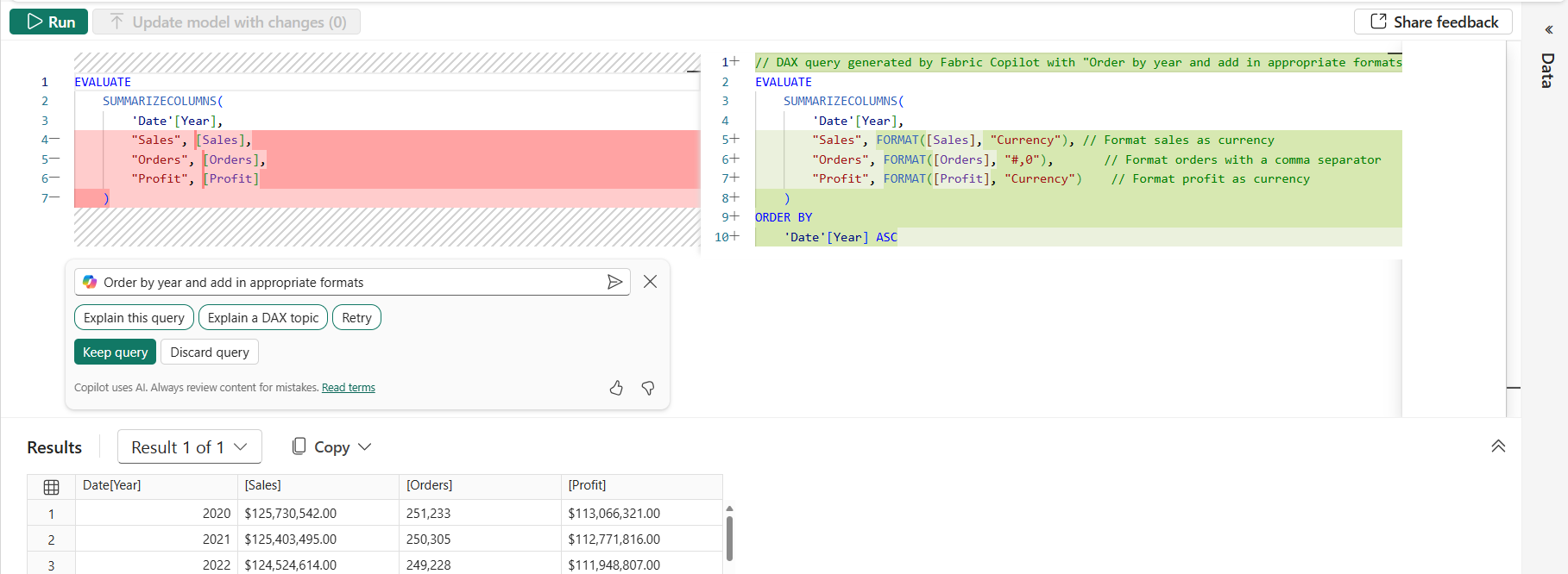 Screenshot showing Copilot suggested DAX query.