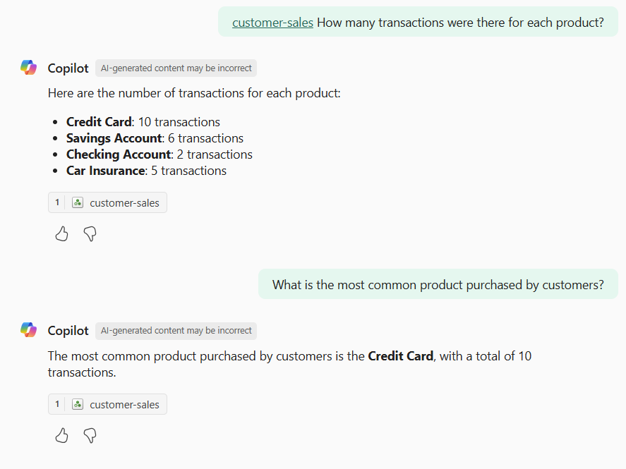 Screenshot of the standalone Copilot experience in Power BI, showing the use of a Fabric data agent to answer a question.