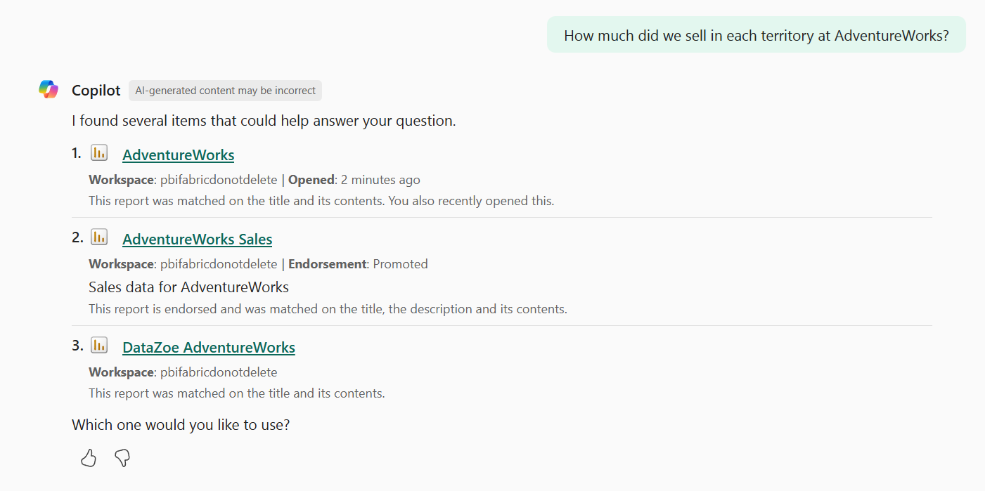 Screenshot of the standalone Copilot experience in Power BI, showing a prompt to select a report to answer a question.