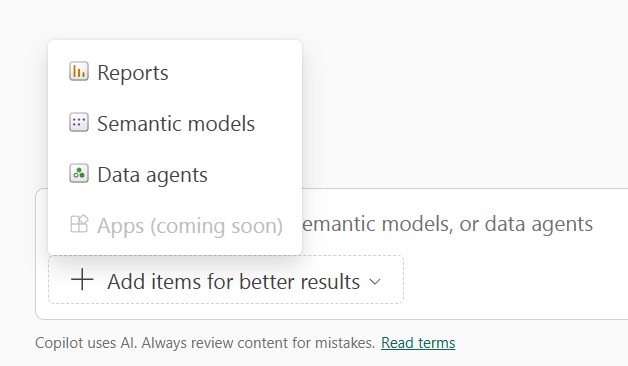 Screenshot of the standalone Copilot experience in Power BI, showing the item picker for selecting reports and semantic models.