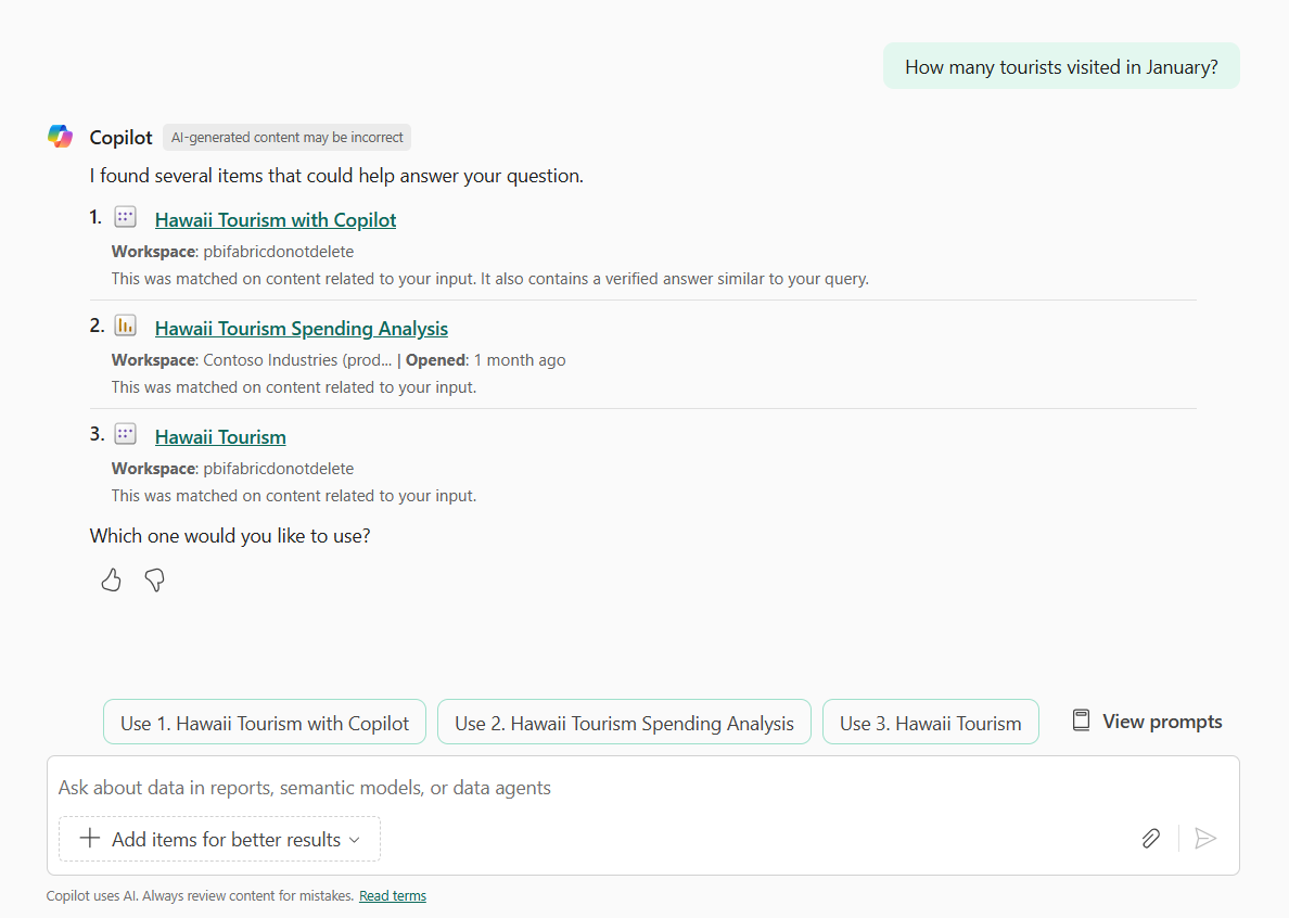 Screenshot of the standalone Copilot experience in Power BI, showing item suggestions based on a search query.