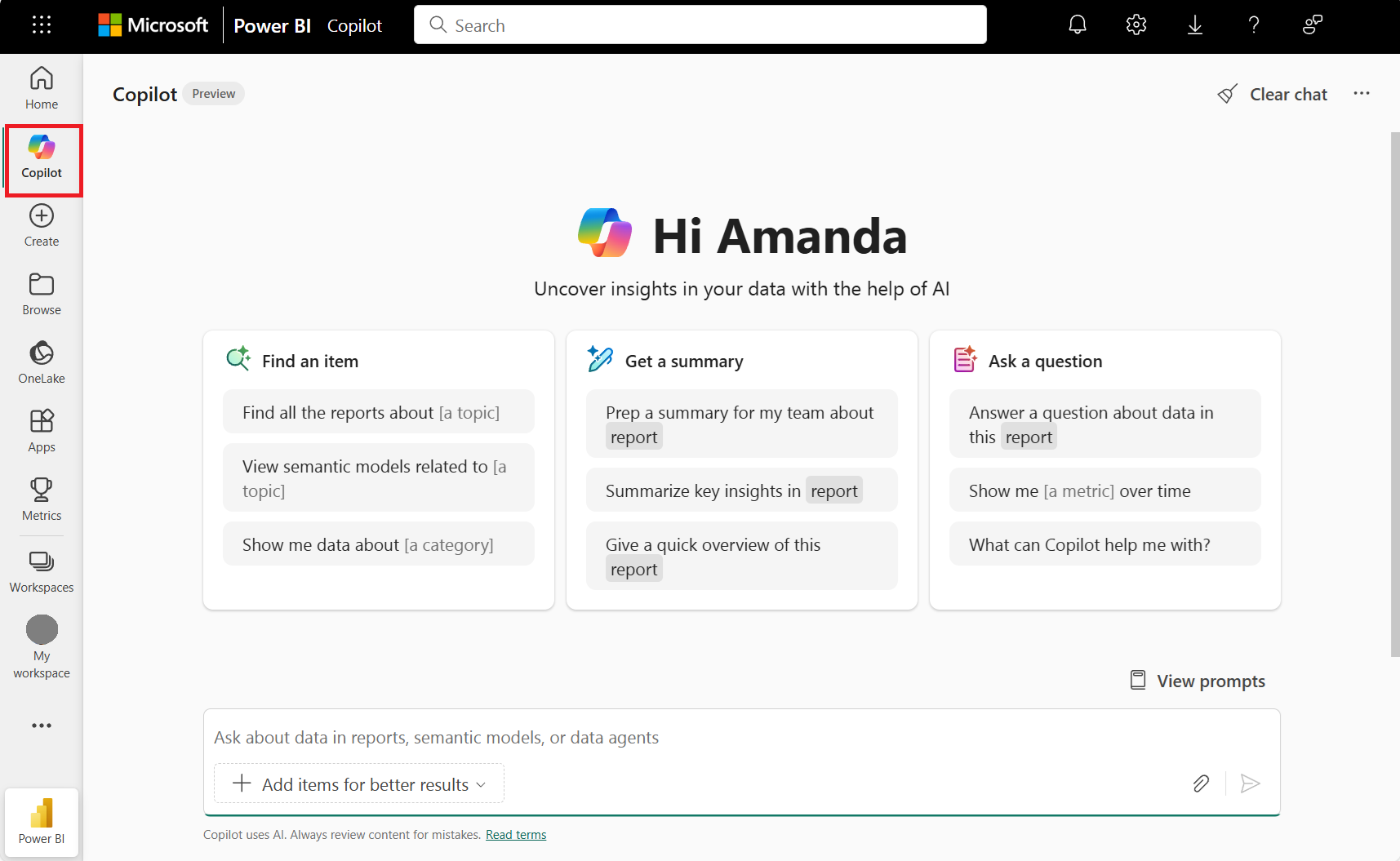 Screenshot of the standalone Copilot experience in Power BI, showing a chat interface for interacting with data.