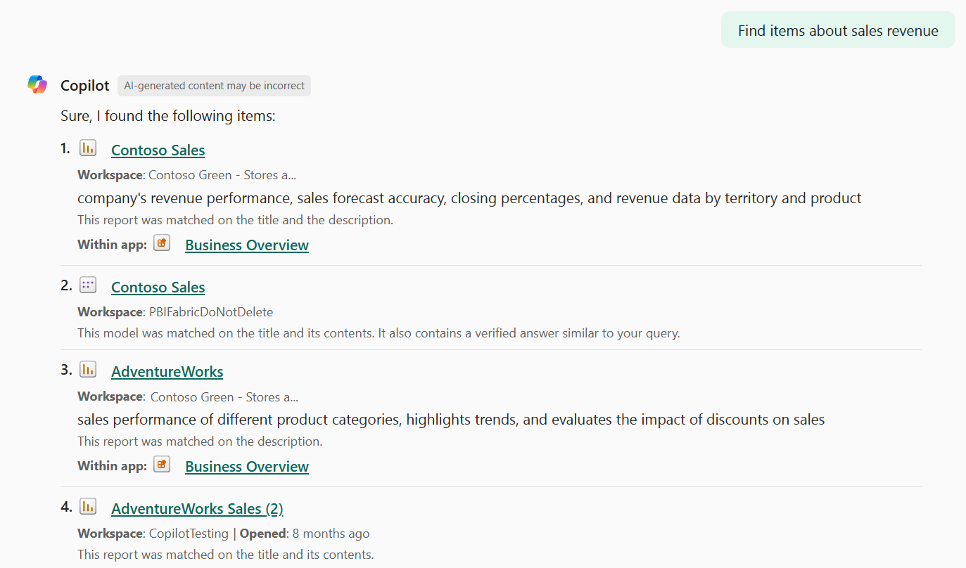 Screenshot of the standalone Copilot experience in Power BI, showing a list of search results for reports, semantic models, and data agents.