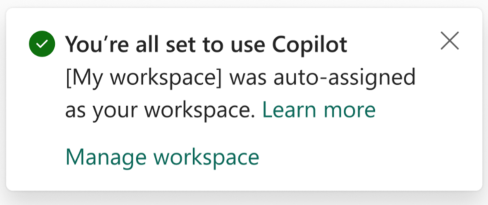 Screenshot of the standalone Copilot confirmation that the workspace was autoassigned via autoselection.