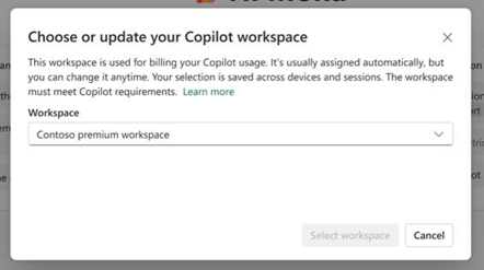 Screenshot of the standalone Copilot menu with the option to choose or update your Copilot workspace.