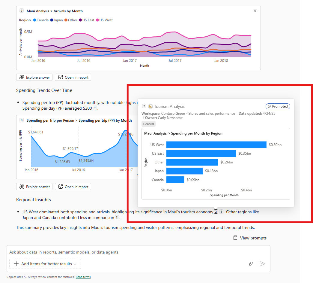 Screenshot showing what happens when users hover over citations in the full immersive summary in Copilot.