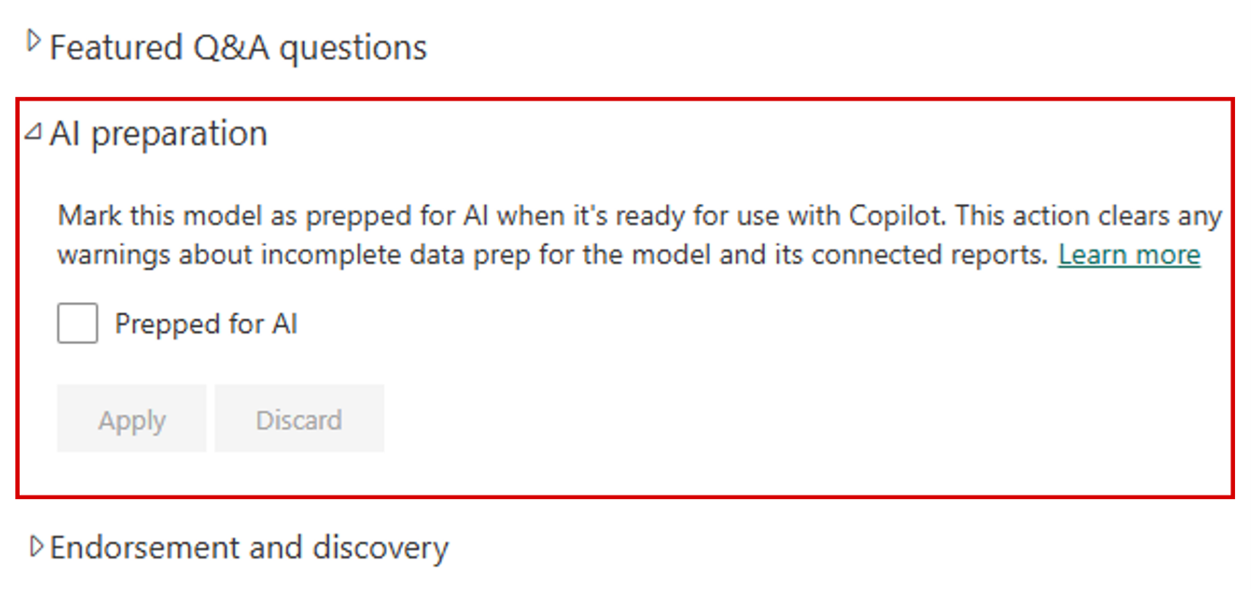 Screenshot of the AI preparation settings in Power BI service that showcases the option to mark a model Prepped for AI.