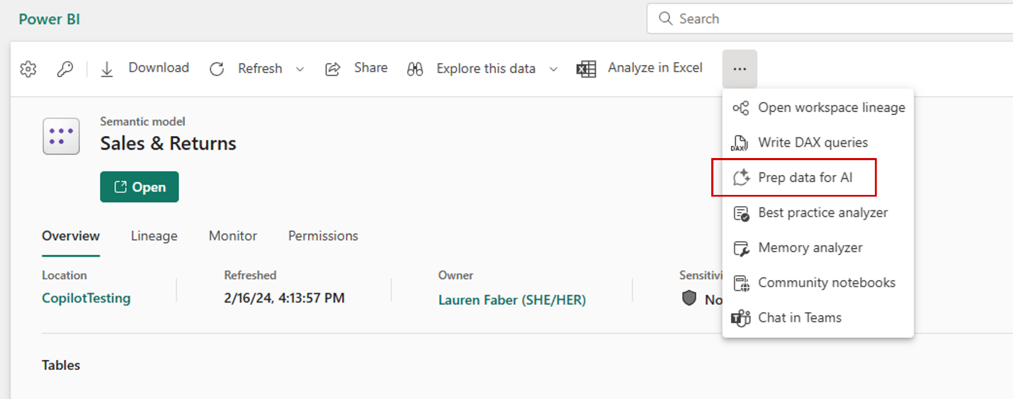 Screenshot that shows the Prep data for AI features in the Power BI service that showcases the options you can use to prepare data for AI.