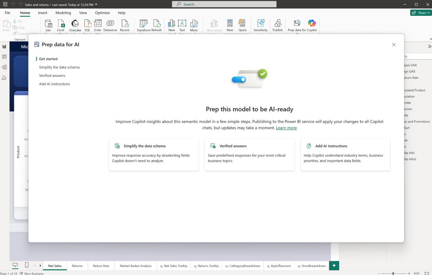Screenshot of the Prep data for AI button in Power BI Desktop, located next to the Copilot button on the home ribbon.