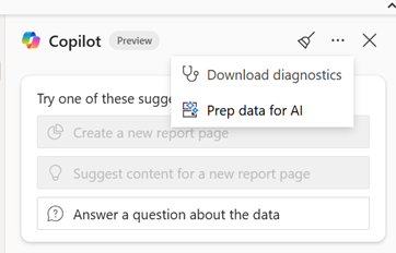 Screenshot that shows how to test the Prep data for AI features in Power BI Desktop that showcases the Copilot report pane.