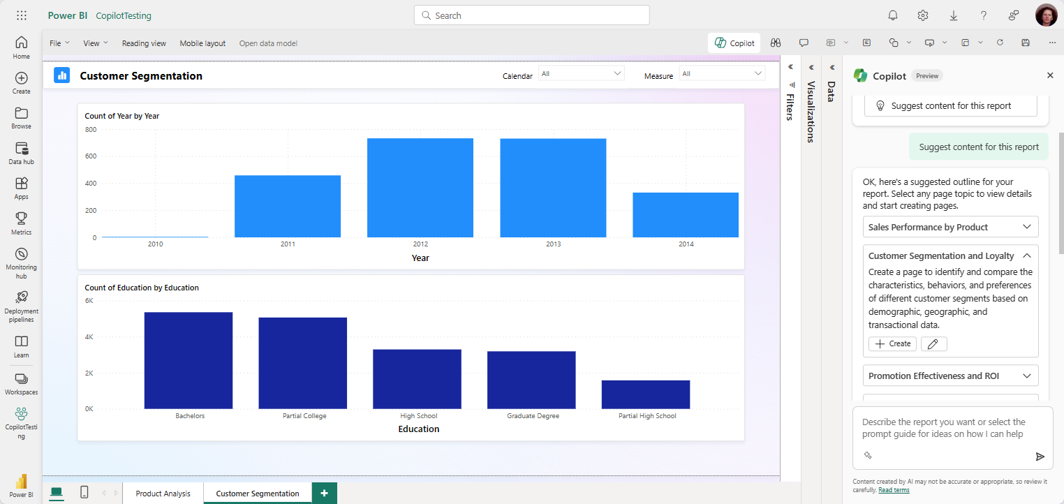 Screenshot showing Copilot sample prompt for Customer segmentation.